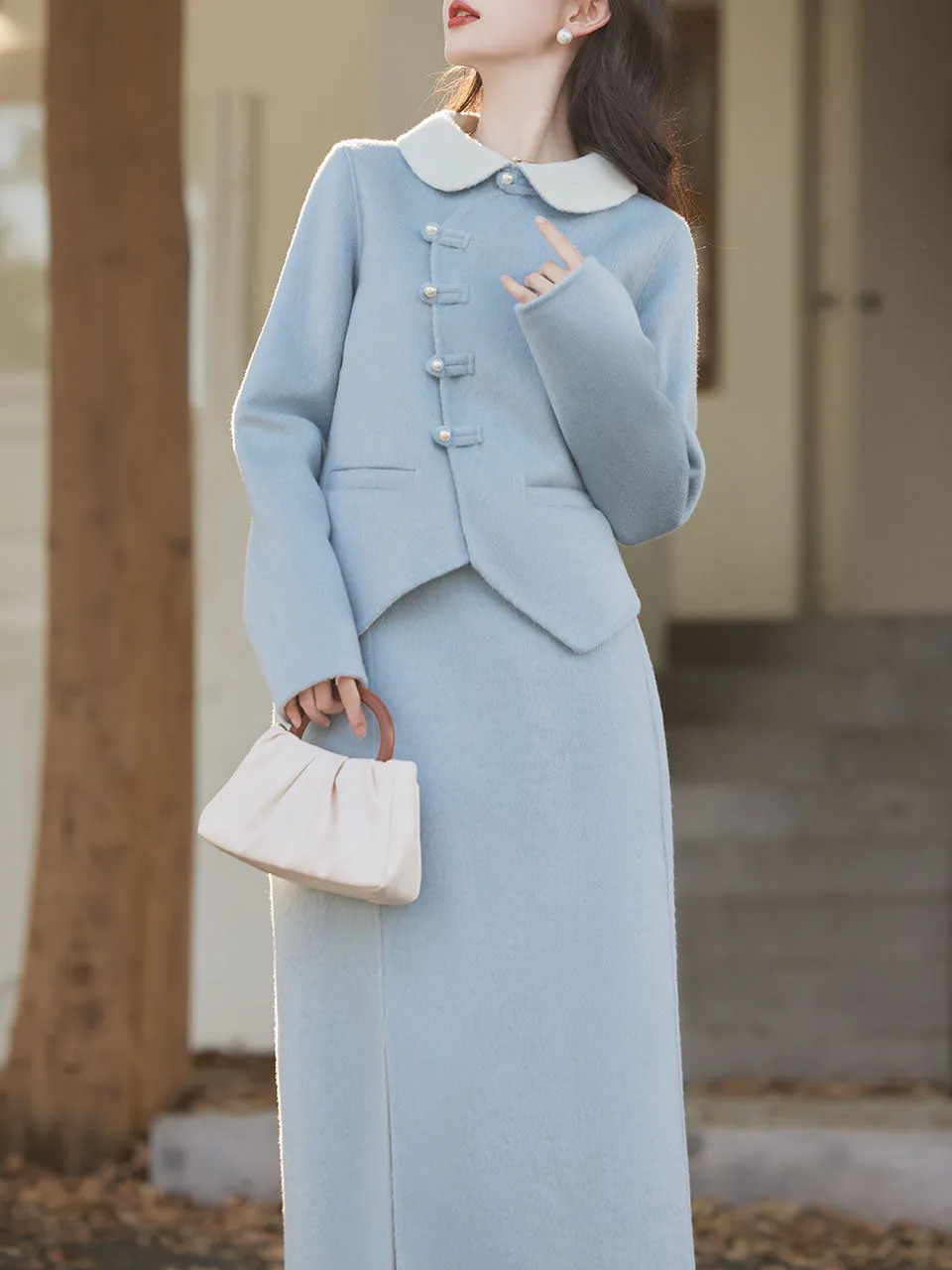 2PS Light Blue Rounded Flat Long Sleeve Wool Coat With Skirt Suit