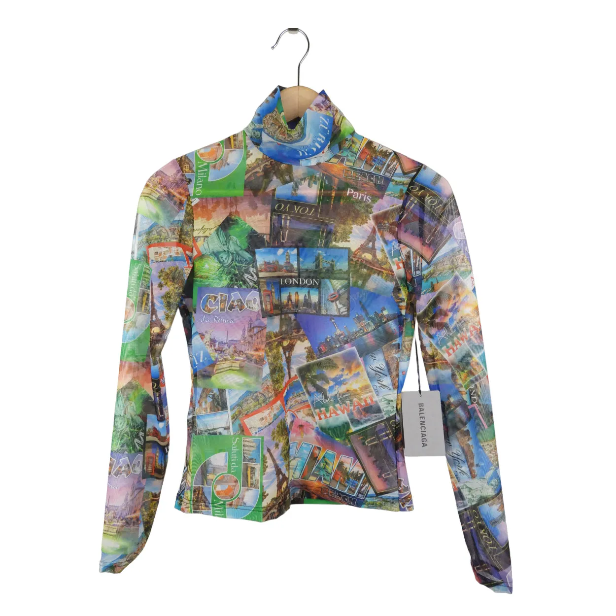 Balenciaga Multicolor Postcard Print Mesh Mock Net Long Sleeve Top - 36