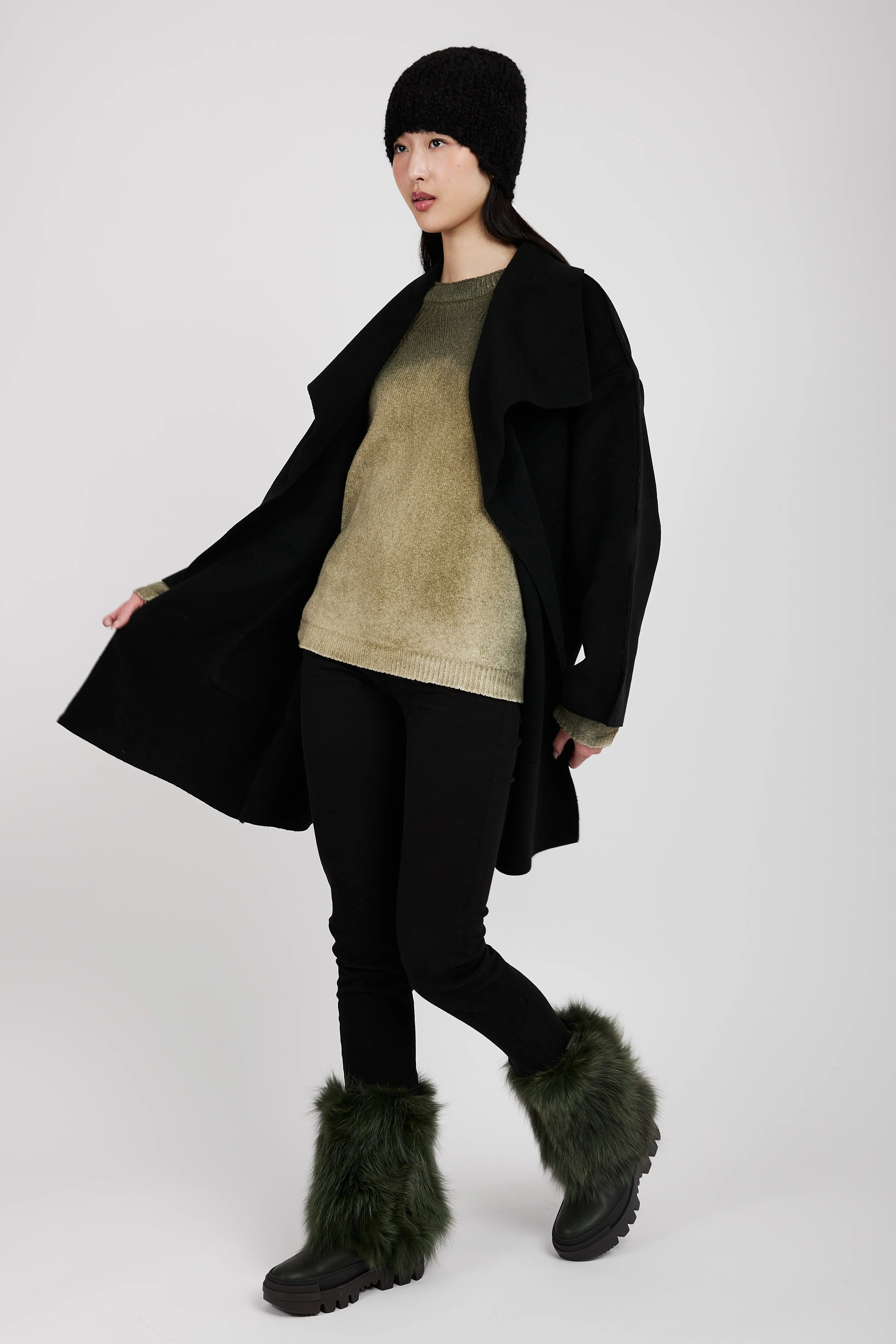 Belted Wrap Wool Coat in Black