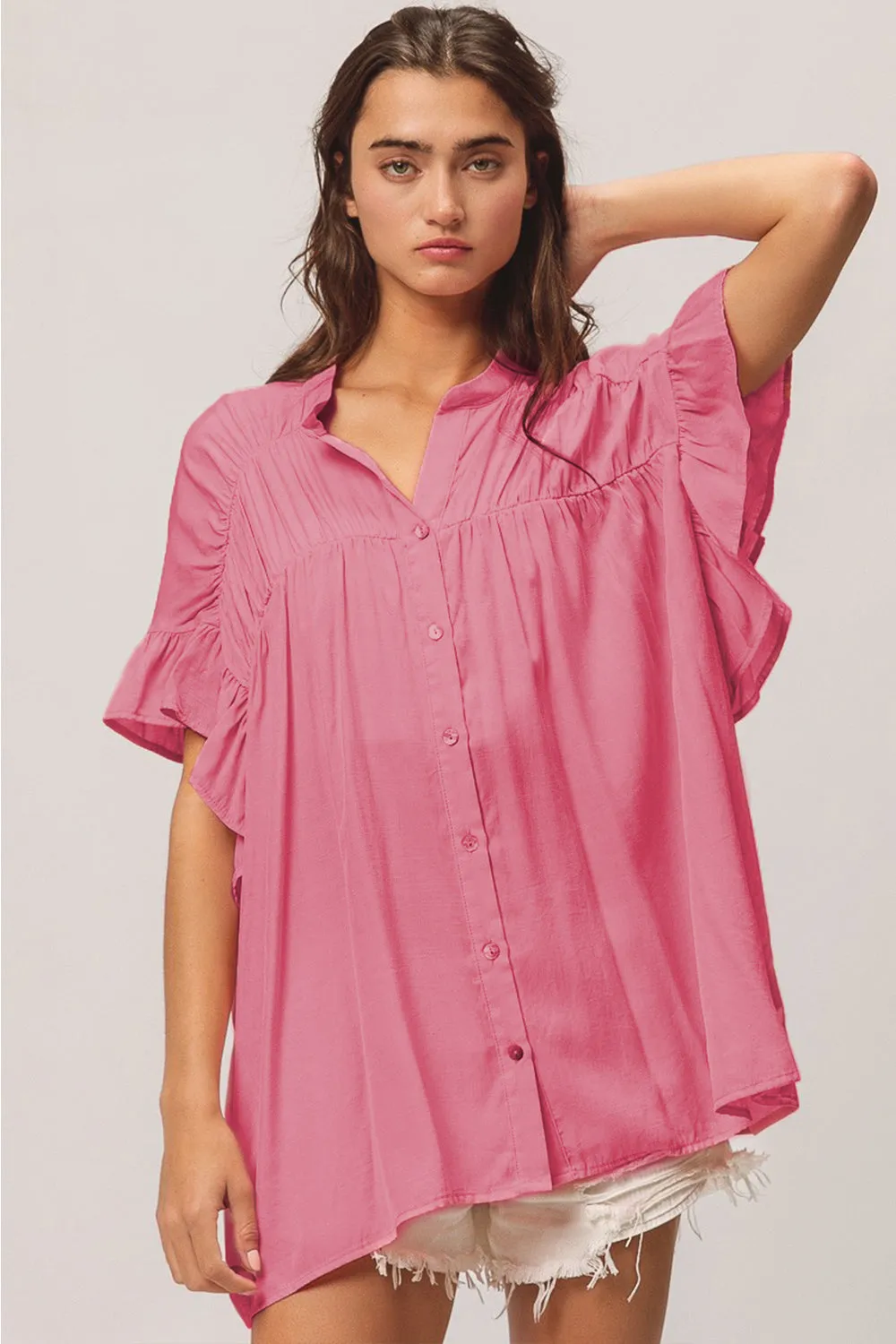 BiBi Shirred Ruffled Button-Down Shirt