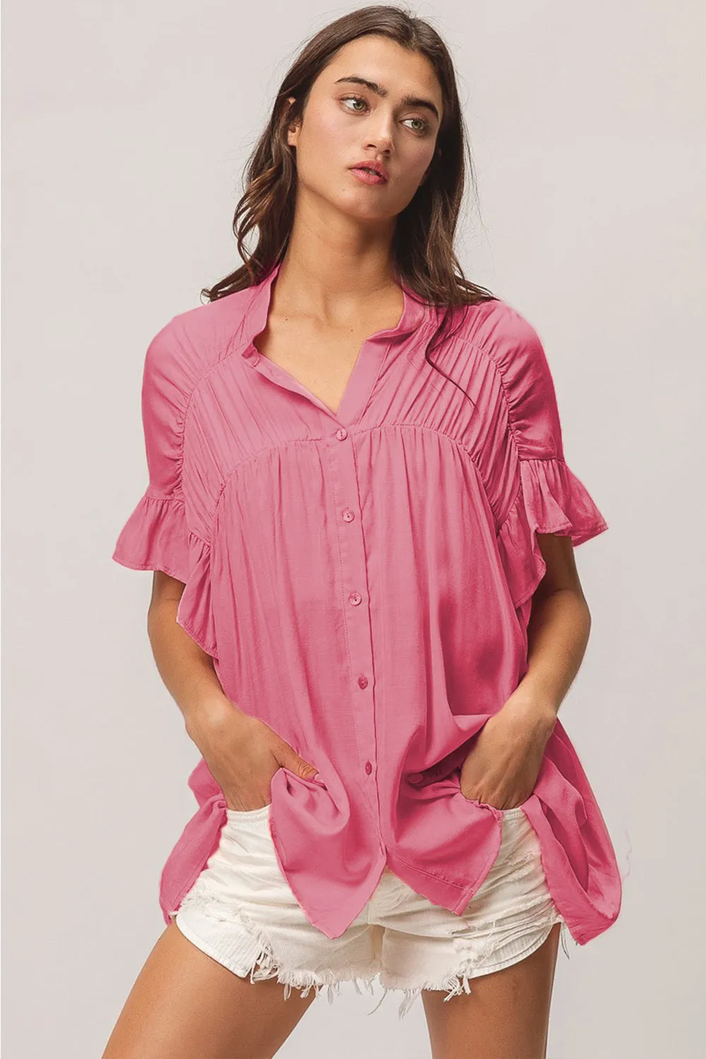 BiBi Shirred Ruffled Button-Down Shirt