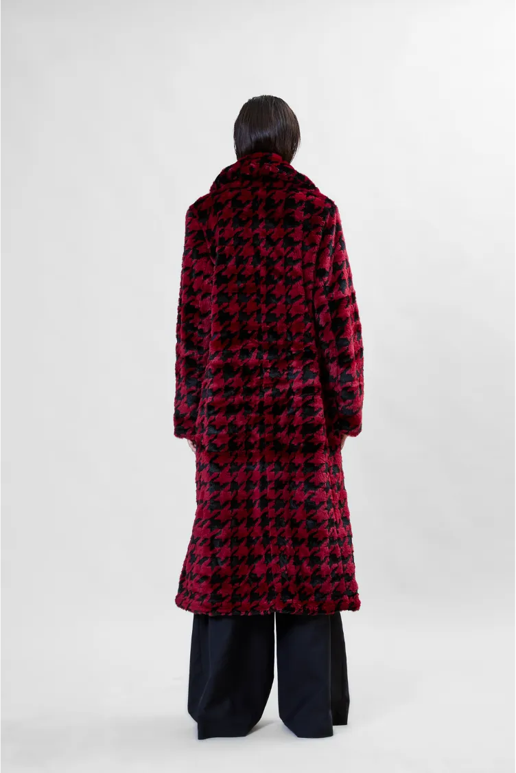 Catherine Houndstooth Coat Faux Fur in Bordeaux