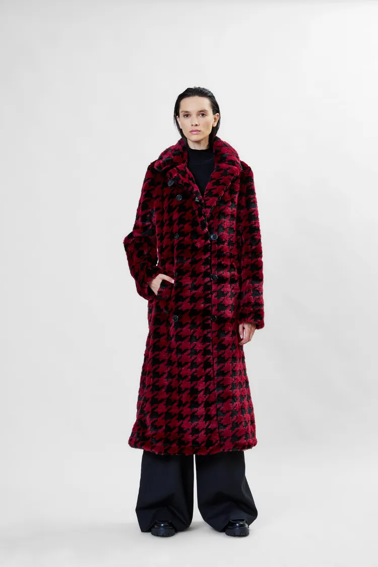 Catherine Houndstooth Coat Faux Fur in Bordeaux