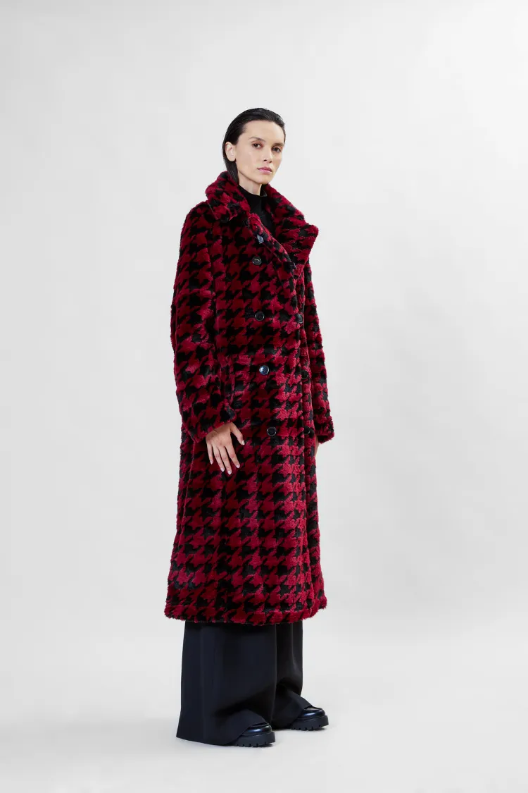 Catherine Houndstooth Coat Faux Fur in Bordeaux