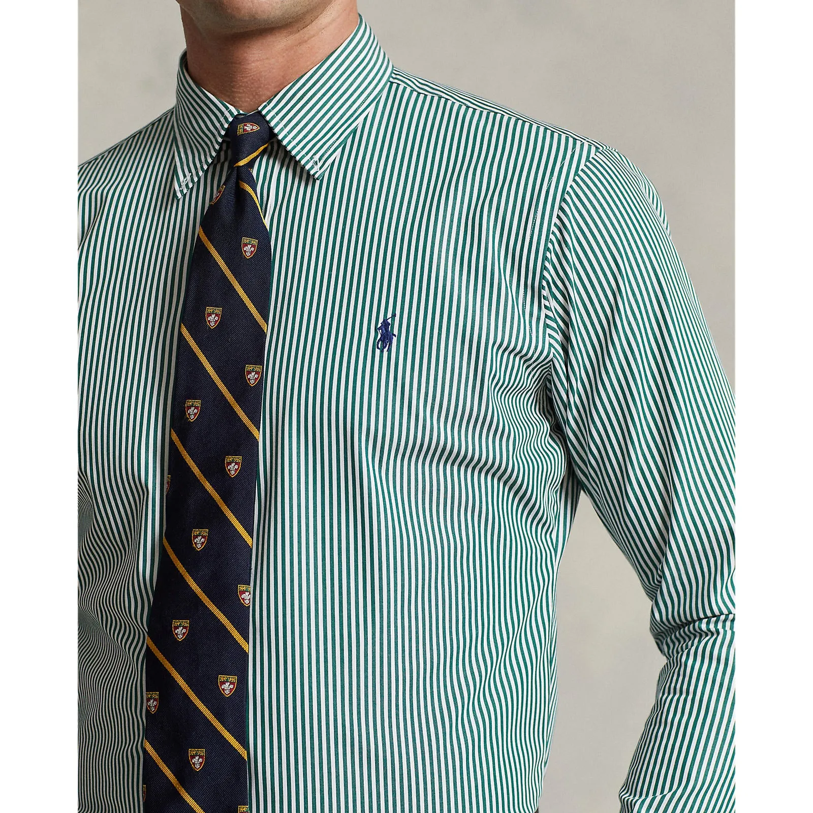 Custom Fit Striped Stretch Poplin Shirt - Pine & White