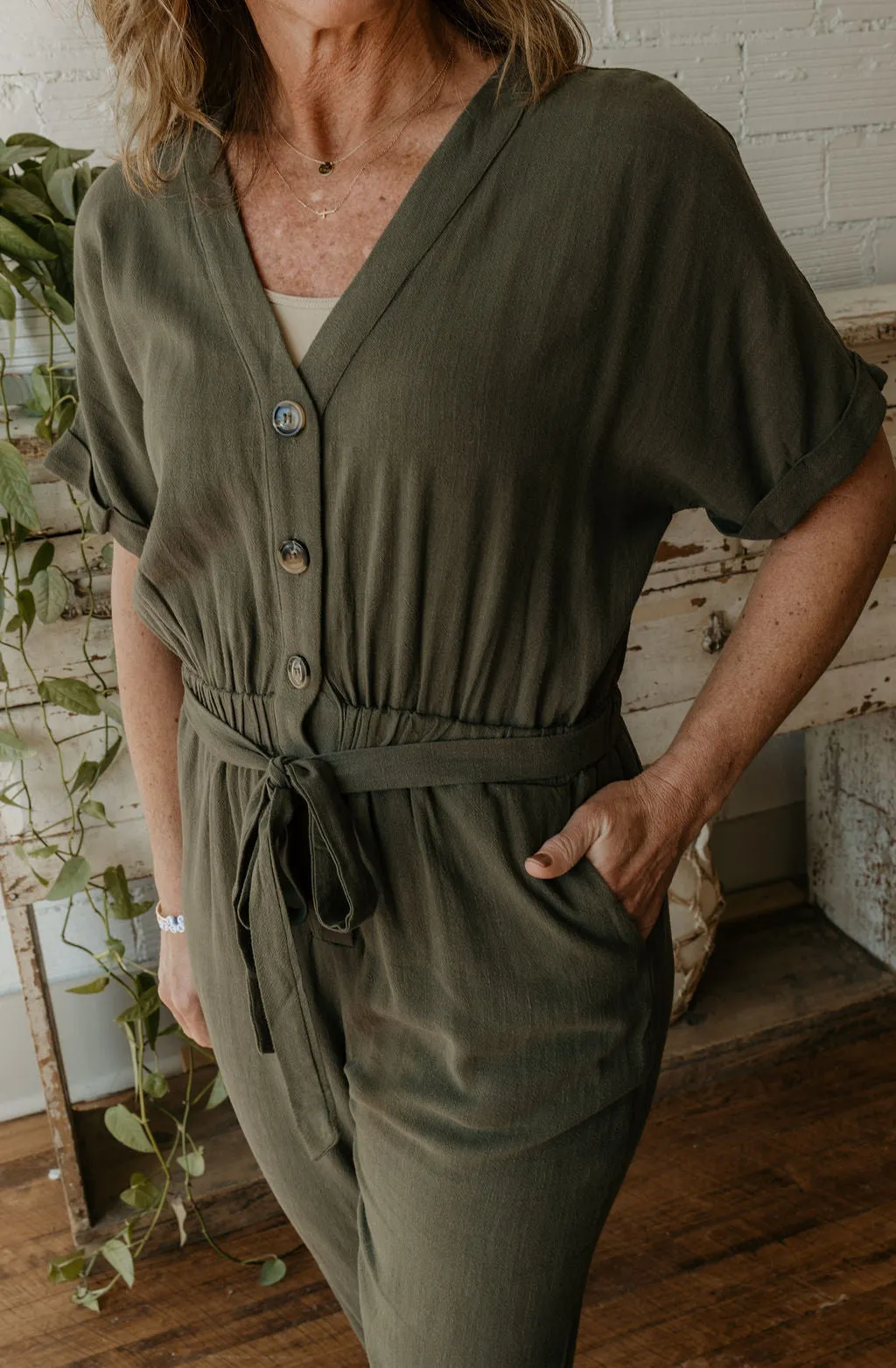 DELILAH OLIVE BUTTON DOWN JUMPSUIT