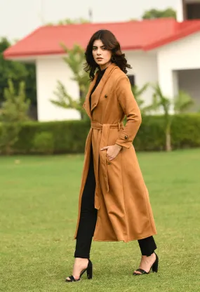 Exude Dedication Suede Leather Long Wrap Coat (Tan Brown)