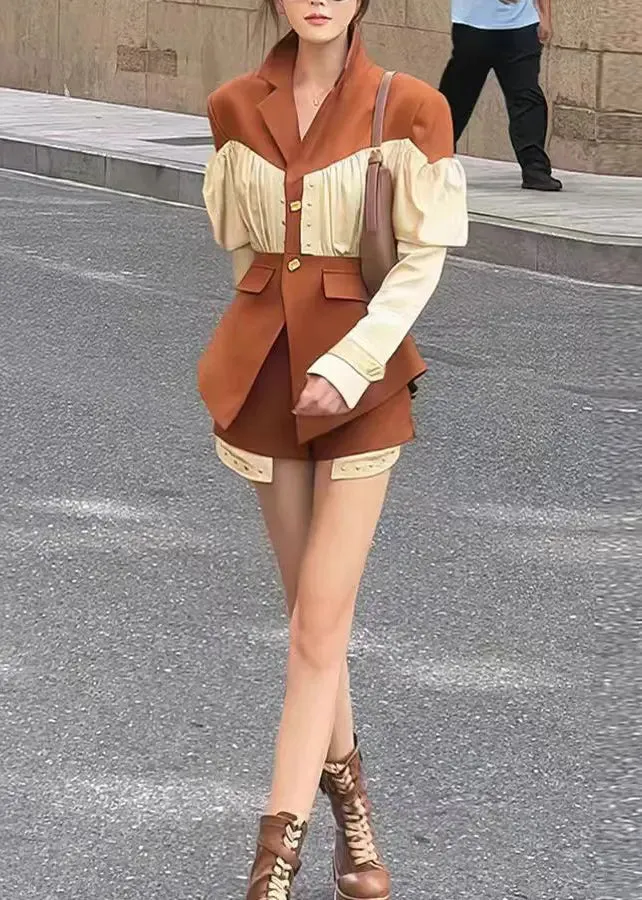 French Chic Coffee Wrinkled Patchwork Coat and Shorts Set - Stylish Two-Piece Spring Outfit HA1013