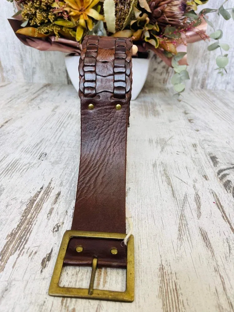 Genuine Leather Armadillo Wide Belt with T Bar Buckle ~ Chocolate