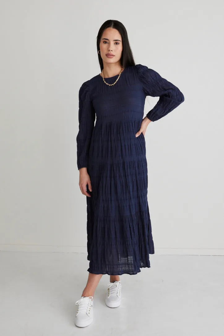 Gigi Navy Shirred Cotton LS Tiered Maxi Dress