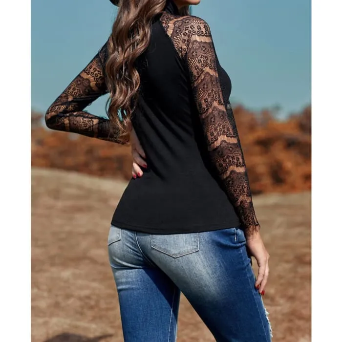 Lace Sleeve Mock Neck Top