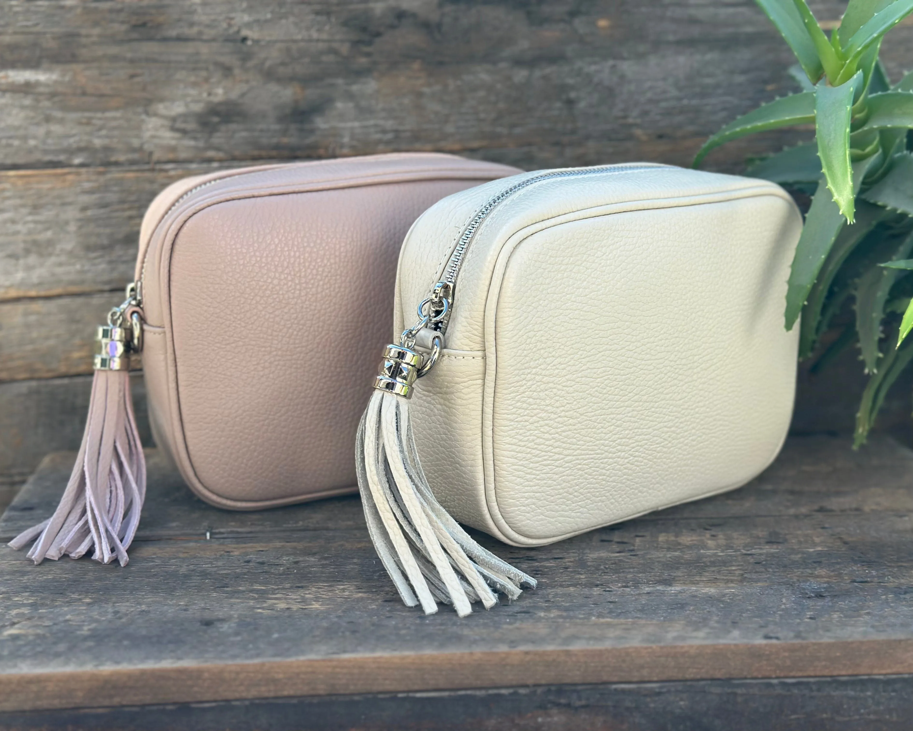 Leather Tassel Bag - Stone With Silver Finishings