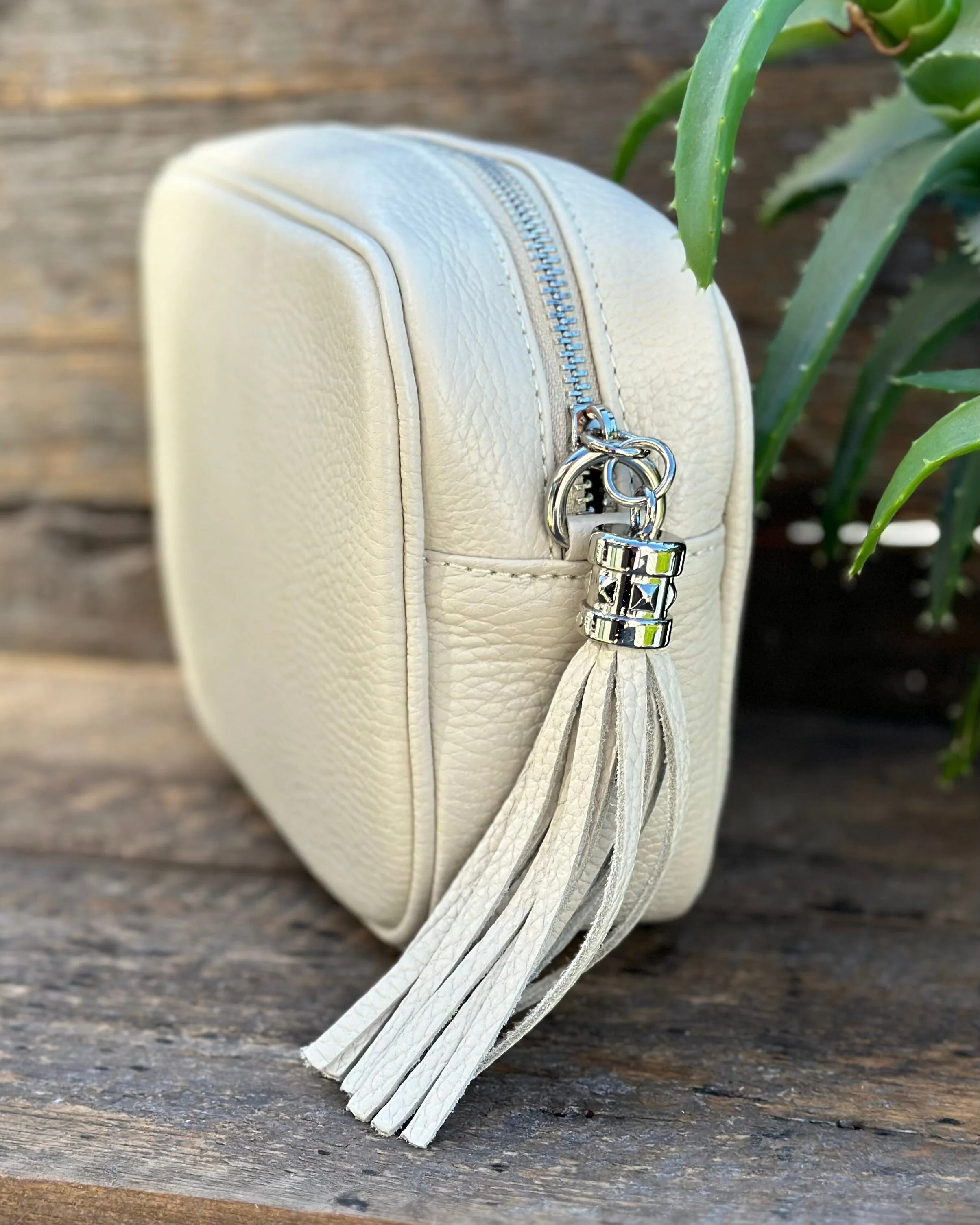 Leather Tassel Bag - Stone With Silver Finishings