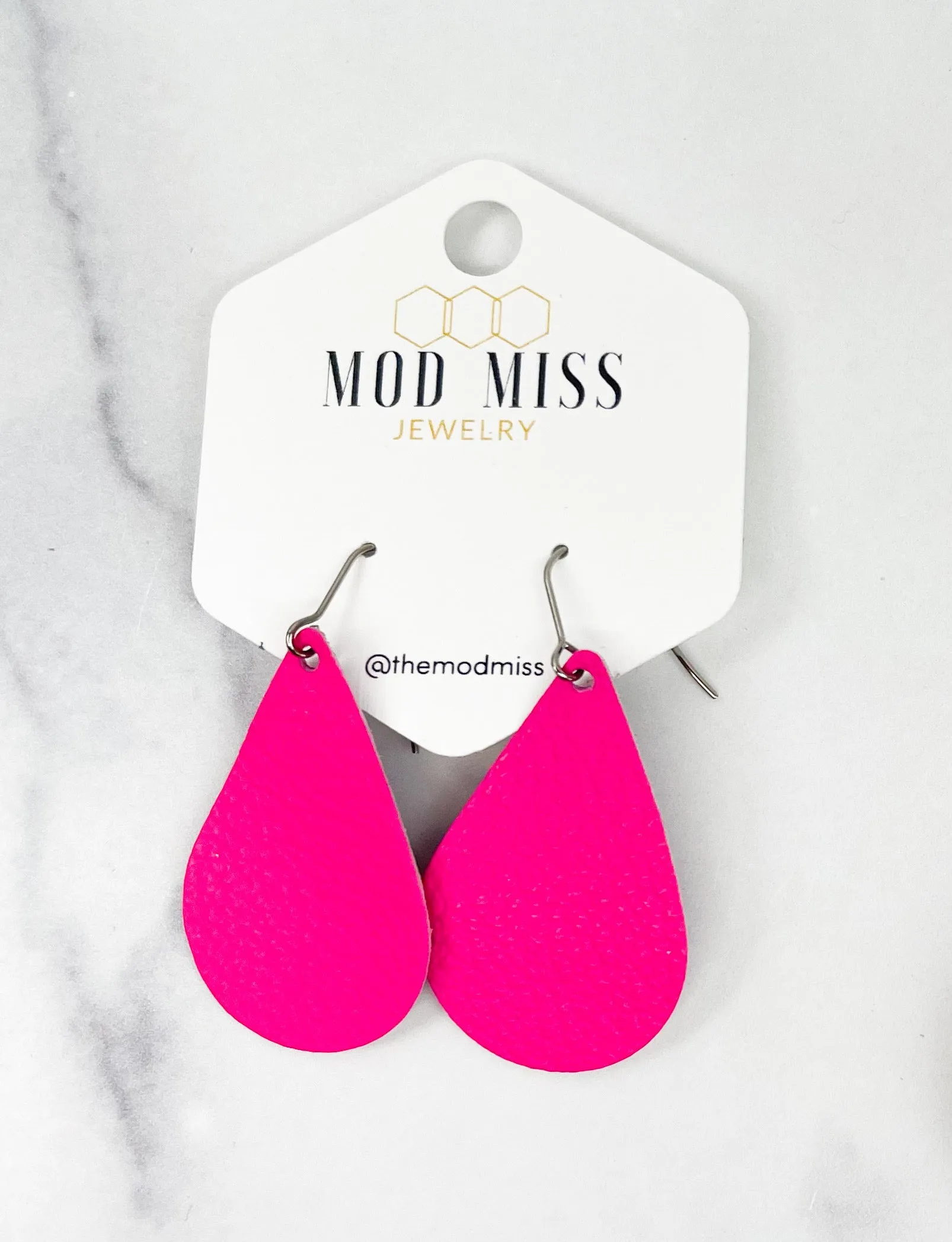 Leather Teardrop Earring Hot Pink