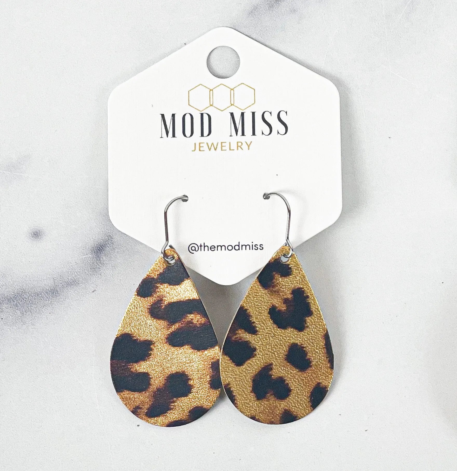 Leather Teardrop Earring Leopard Metallic