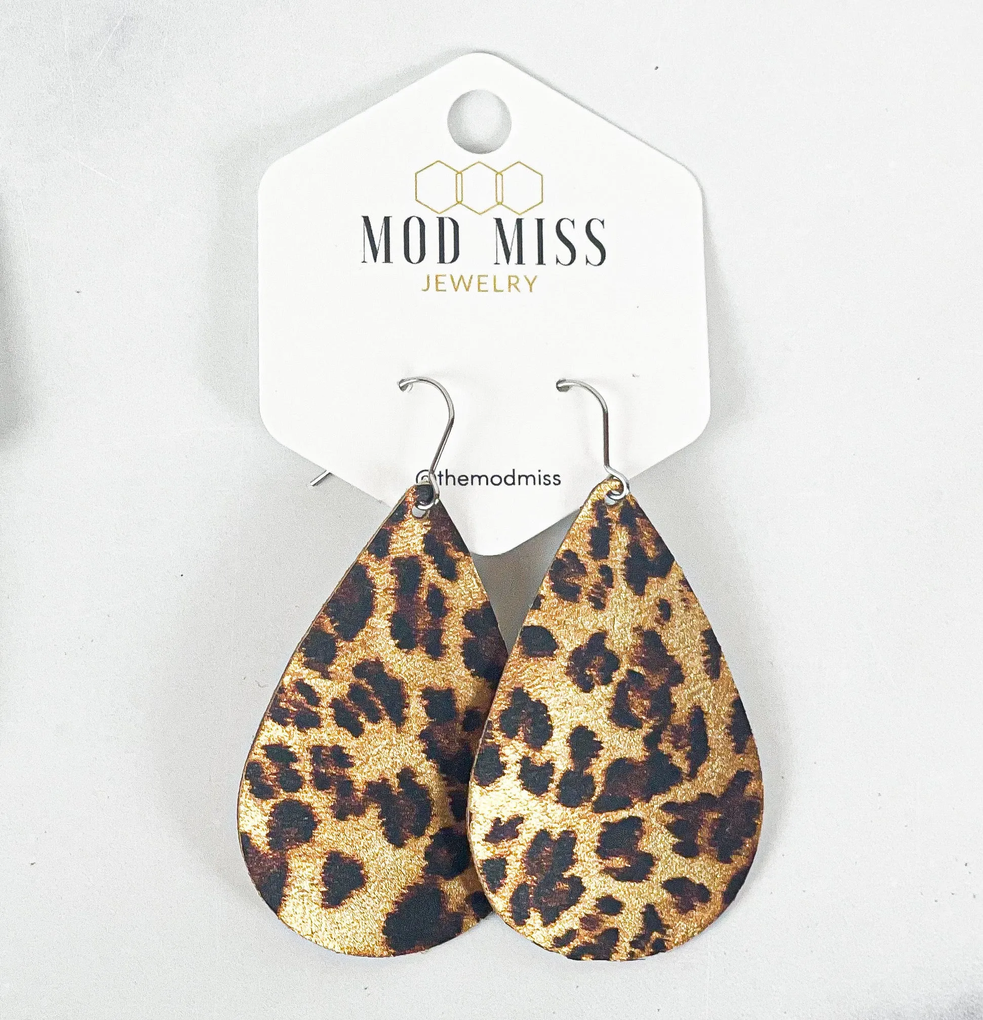 Leather Teardrop Earring Leopard Metallic