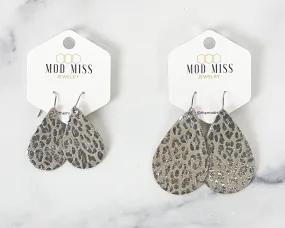 Leather Teardrop Earring Leopard Silver