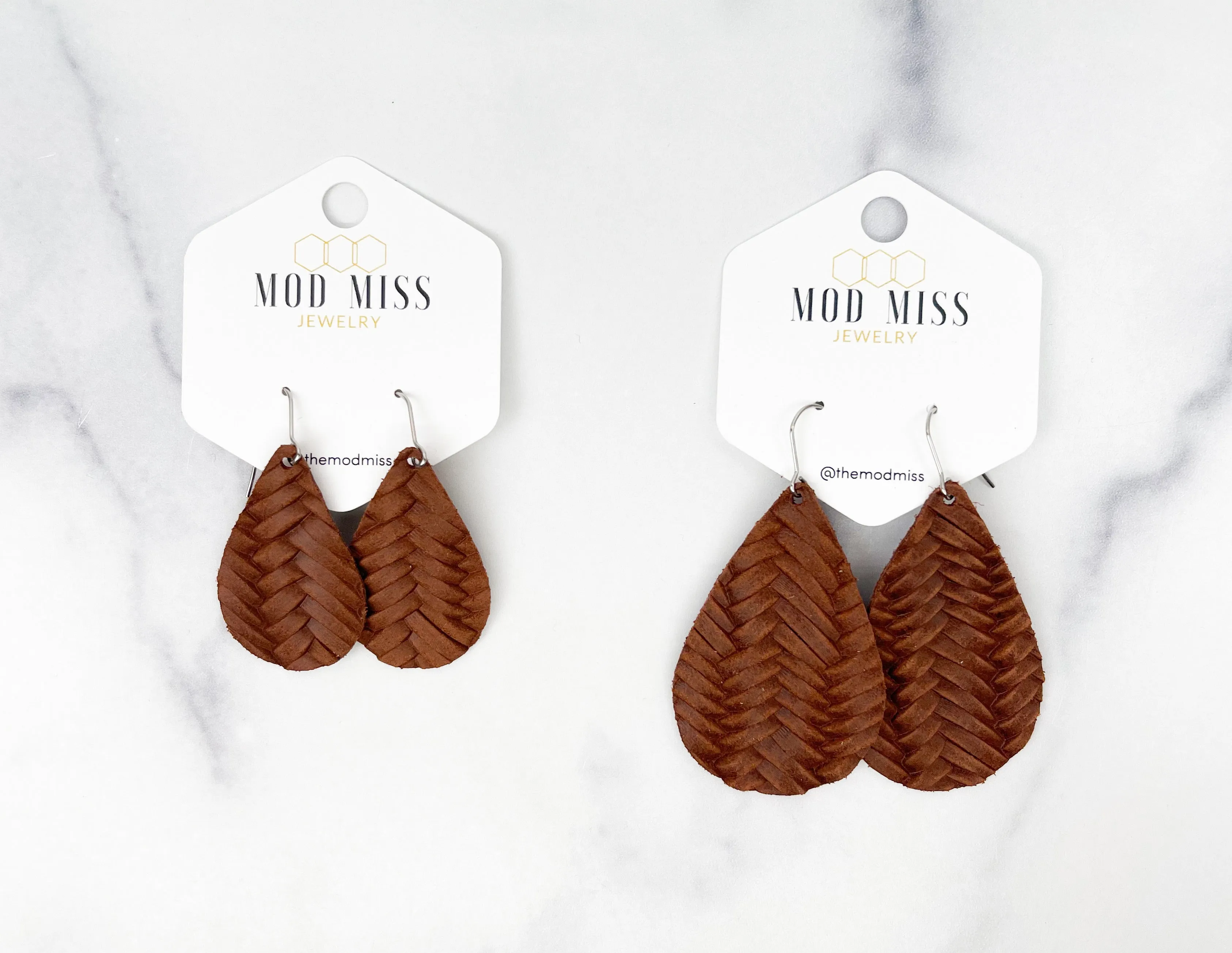 Leather Teardrop Earring Weaved Brown