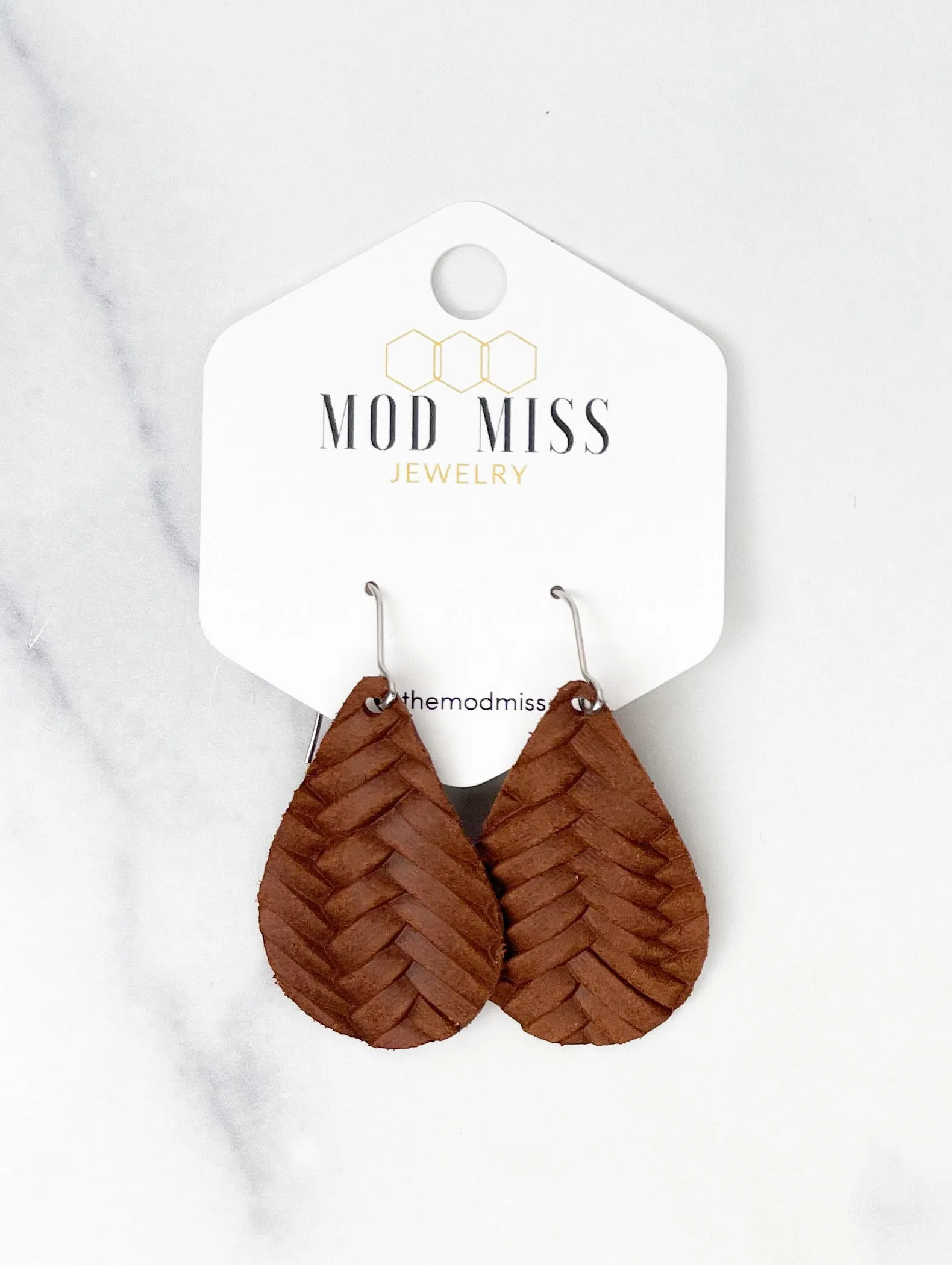 Leather Teardrop Earring Weaved Brown