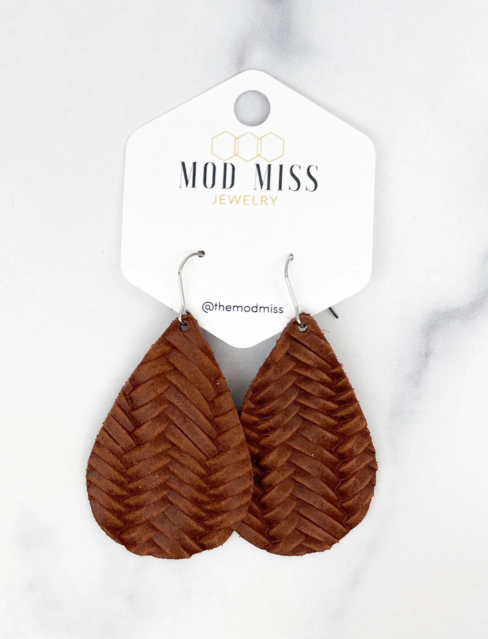 Leather Teardrop Earring Weaved Brown