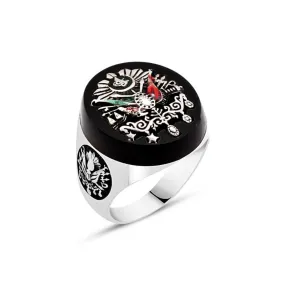 Ottoman Coat of Arms on Black Circle Onyx Stone Silver Men's Ring Siding Coat of Arms