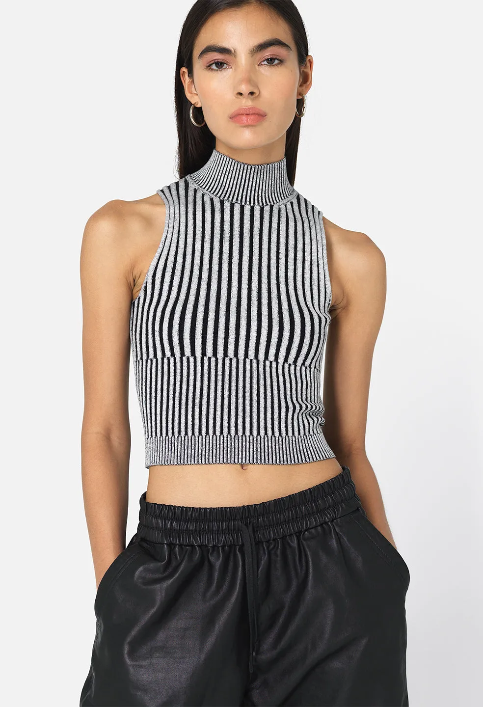 Piper Silk Rib Mock Neck Top / Charcoal