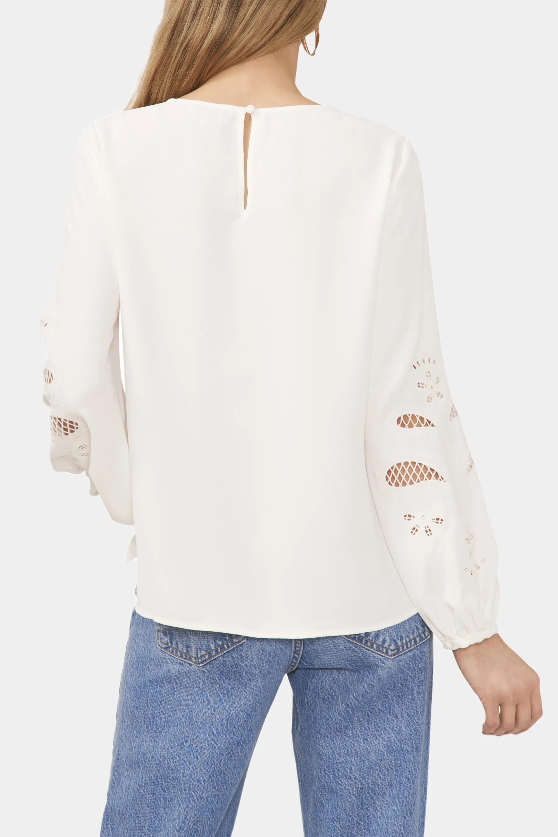 Shirred Crew Neck Embroidered Balloon Sleeve Blouse