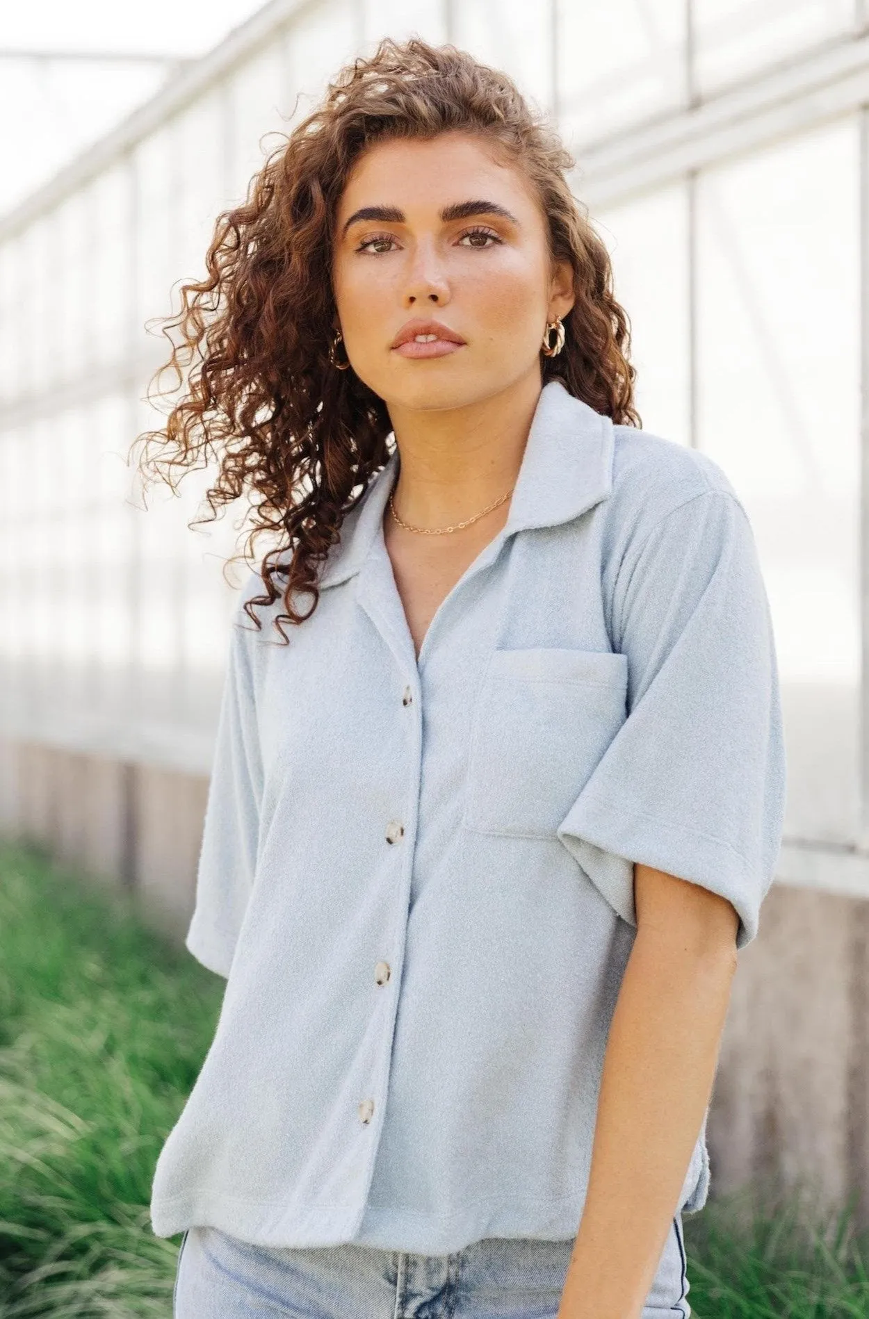 Smoke Blue Button Down Top