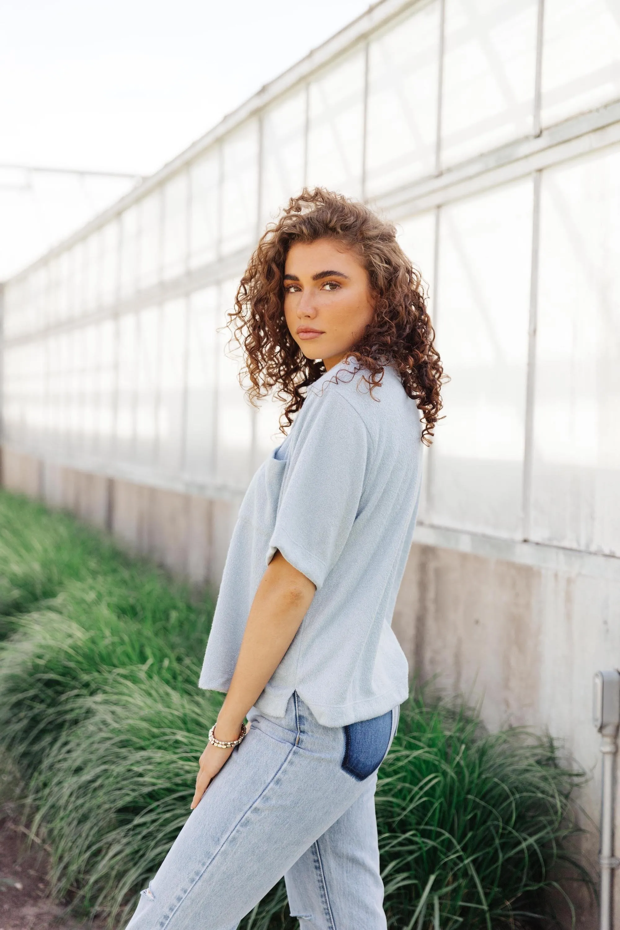 Smoke Blue Button Down Top