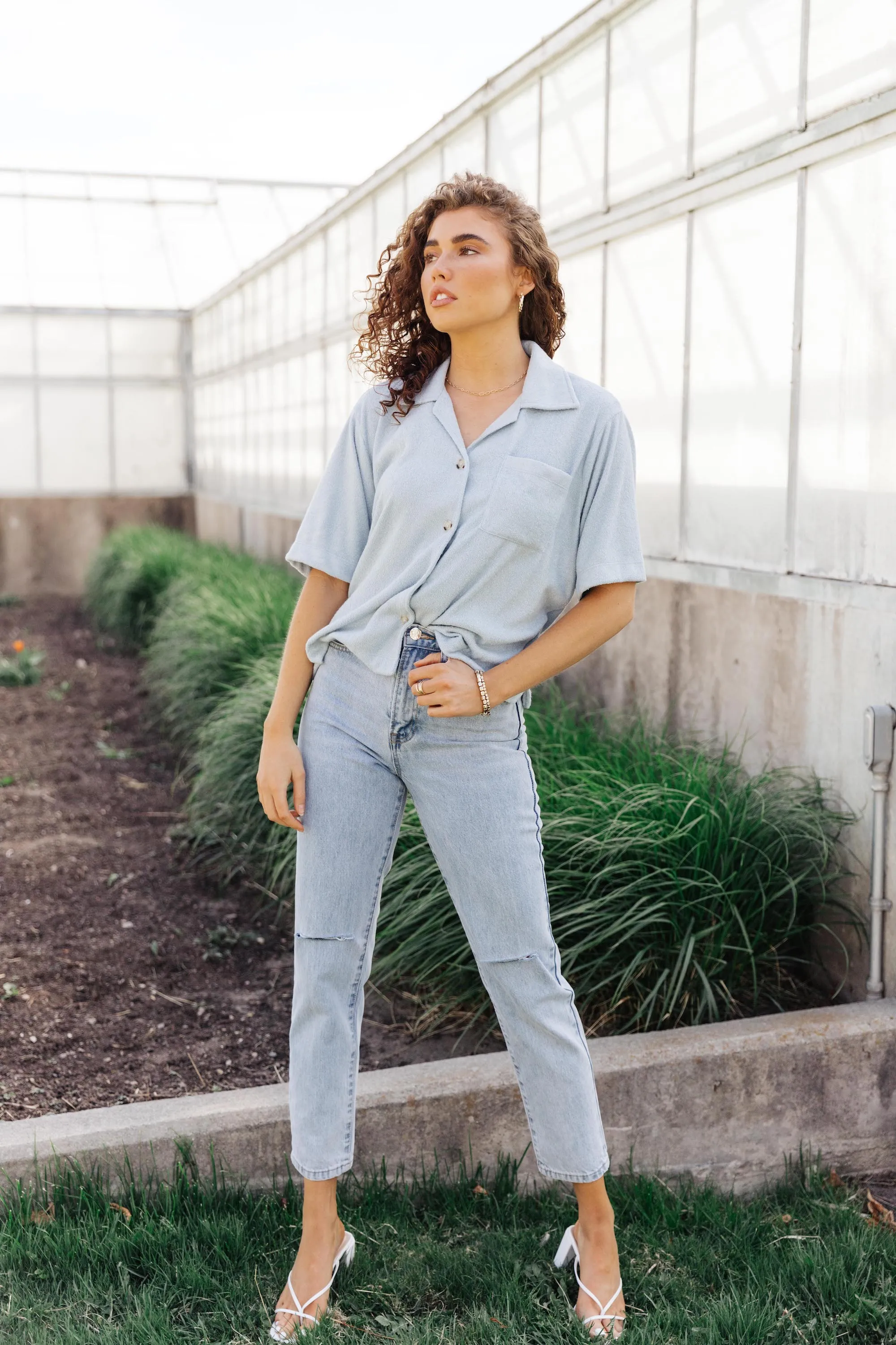 Smoke Blue Button Down Top