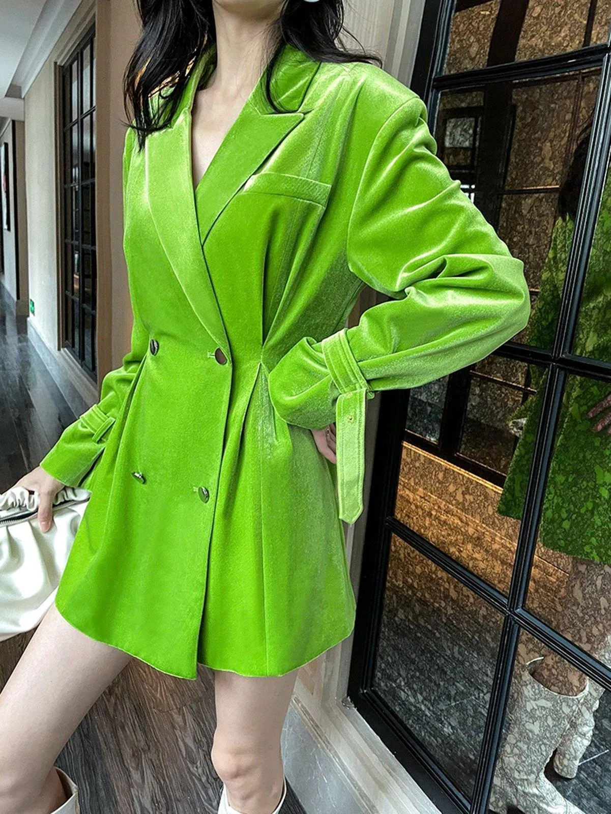 Spring Green Luxe Velvet Double Breasted Fit & Flare Blazer