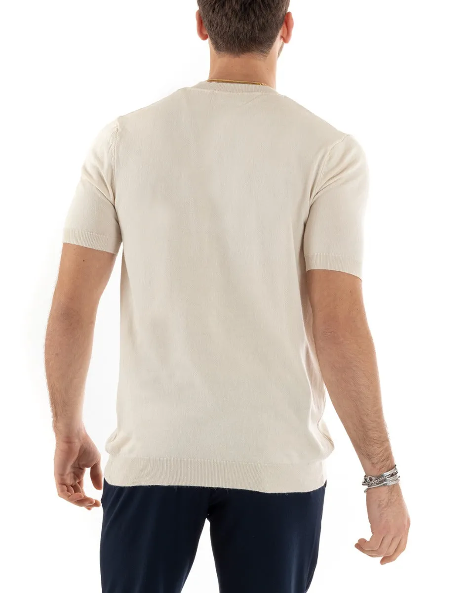 T-shirt Uomo Filo Manica Corta Tinta Unita Beige Scollo a V Casual GIOSAL-TS2871A