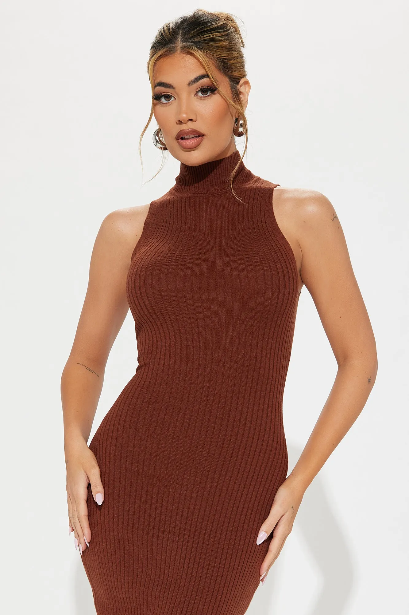 Take Me To Work Sweater Midi Dress - Cognac