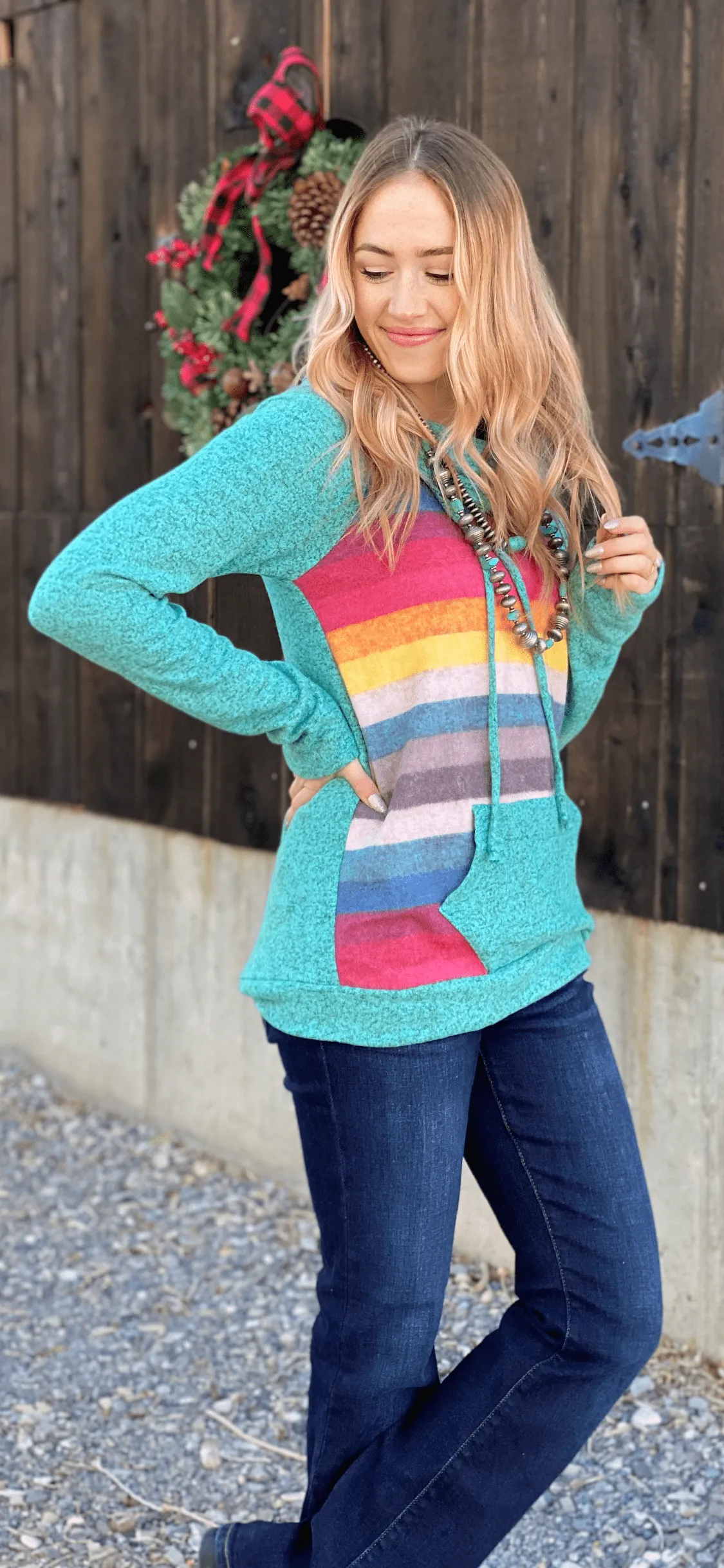 The 2.1 Turquoise Sugar Pine Stripe Cowl Neck