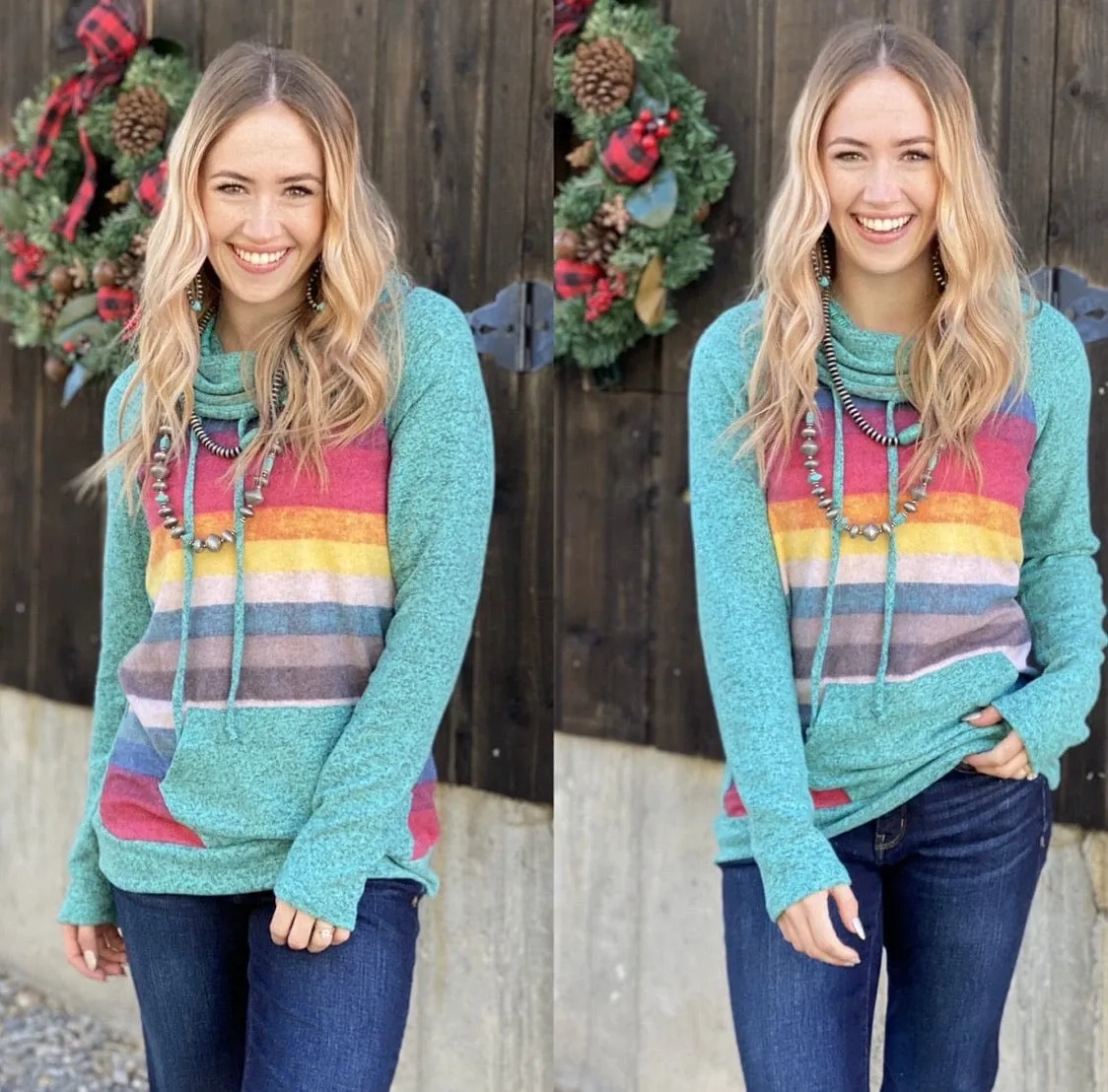 The 2.1 Turquoise Sugar Pine Stripe Cowl Neck