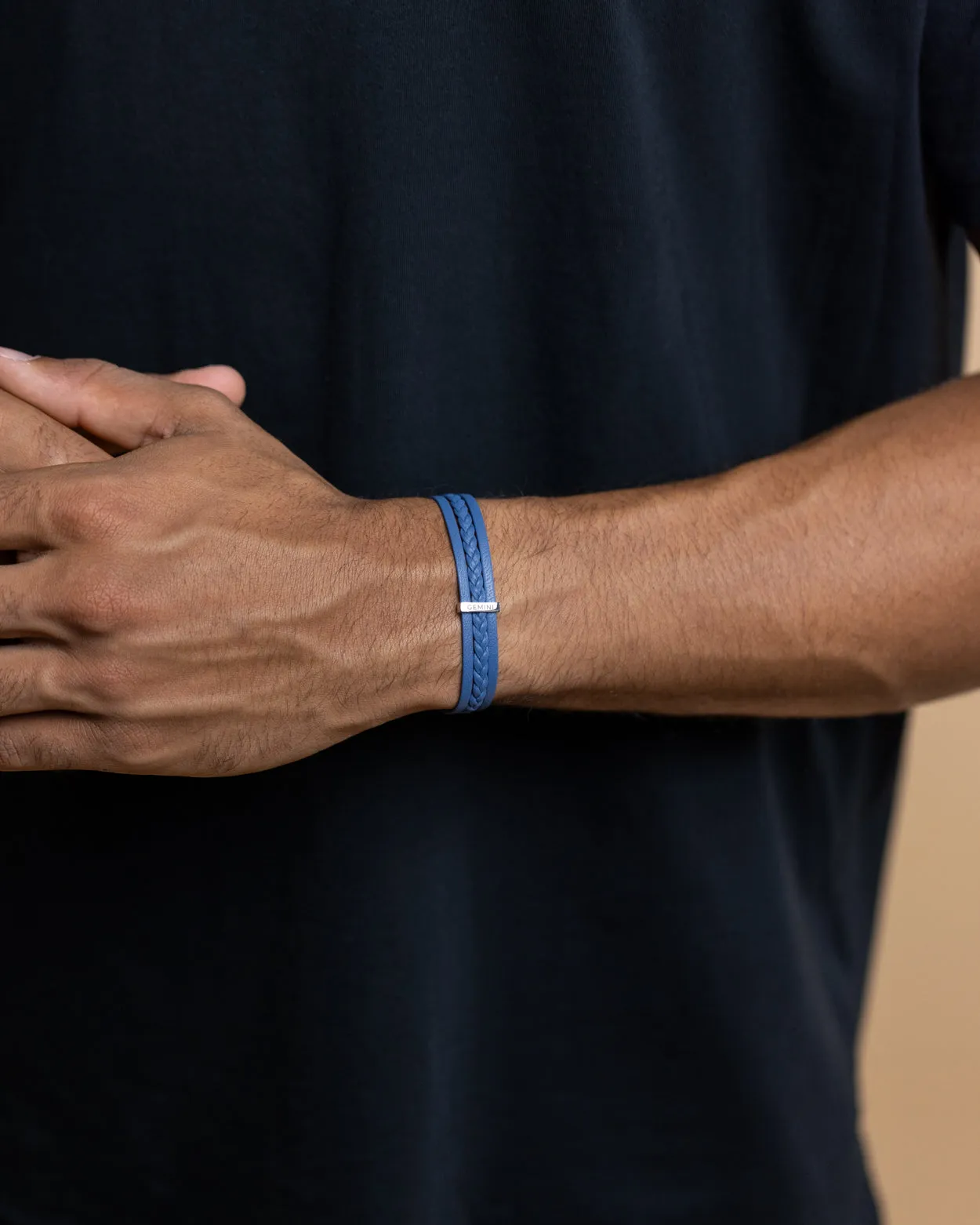 Triple light blue Italian nappa leather bracelet with silverplated finish