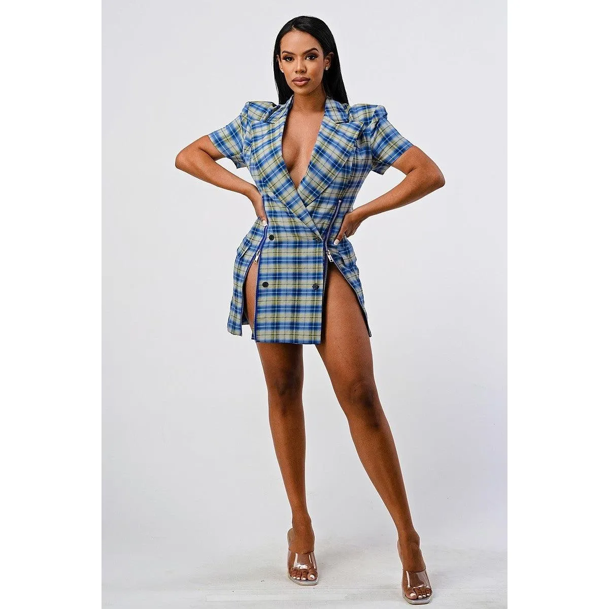 Wide Collared Double Breasted Plaid Blazer Mini Dress