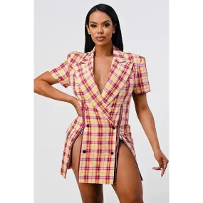 Wide Collared Double Breasted Plaid Blazer Mini Dress