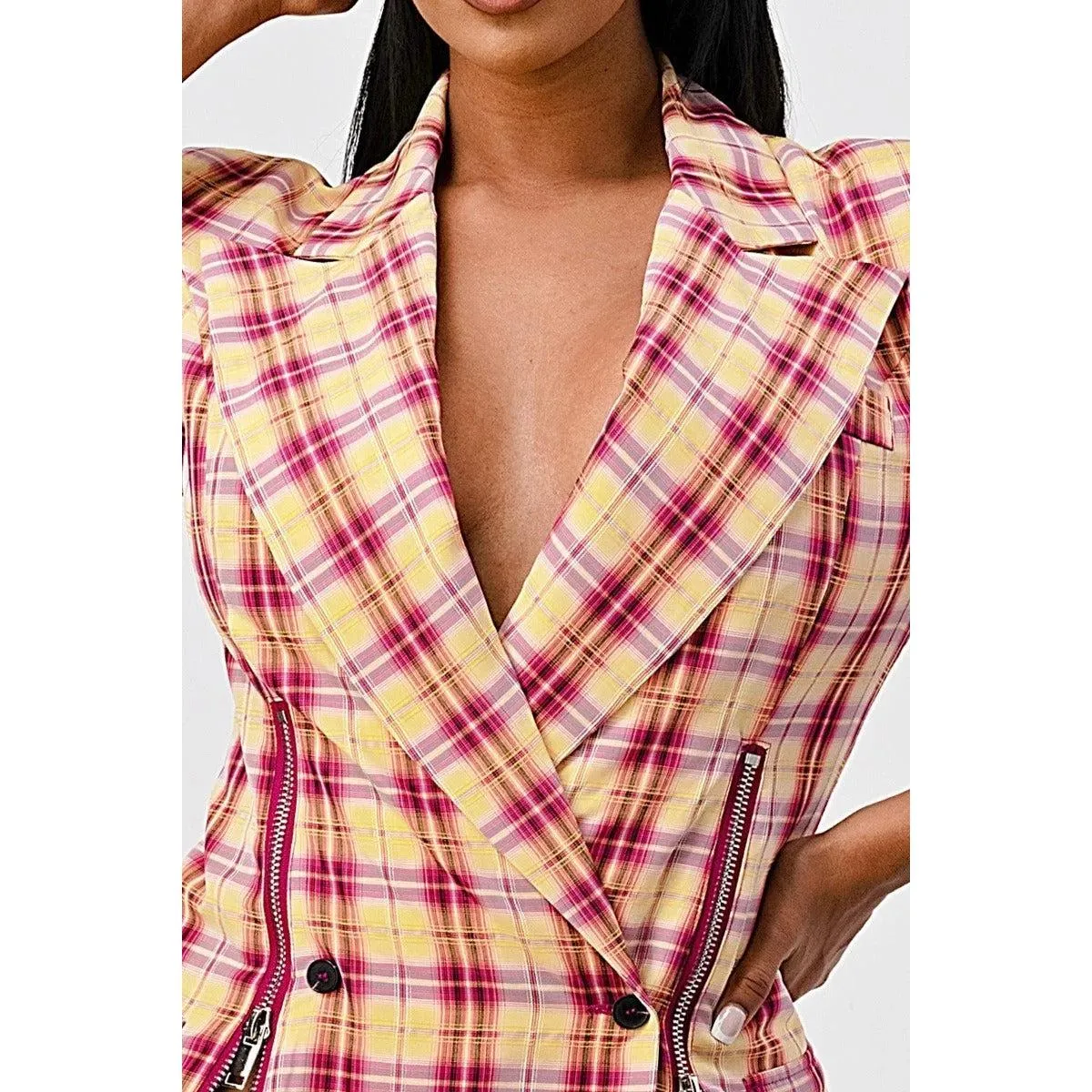 Wide Collared Double Breasted Plaid Blazer Mini Dress