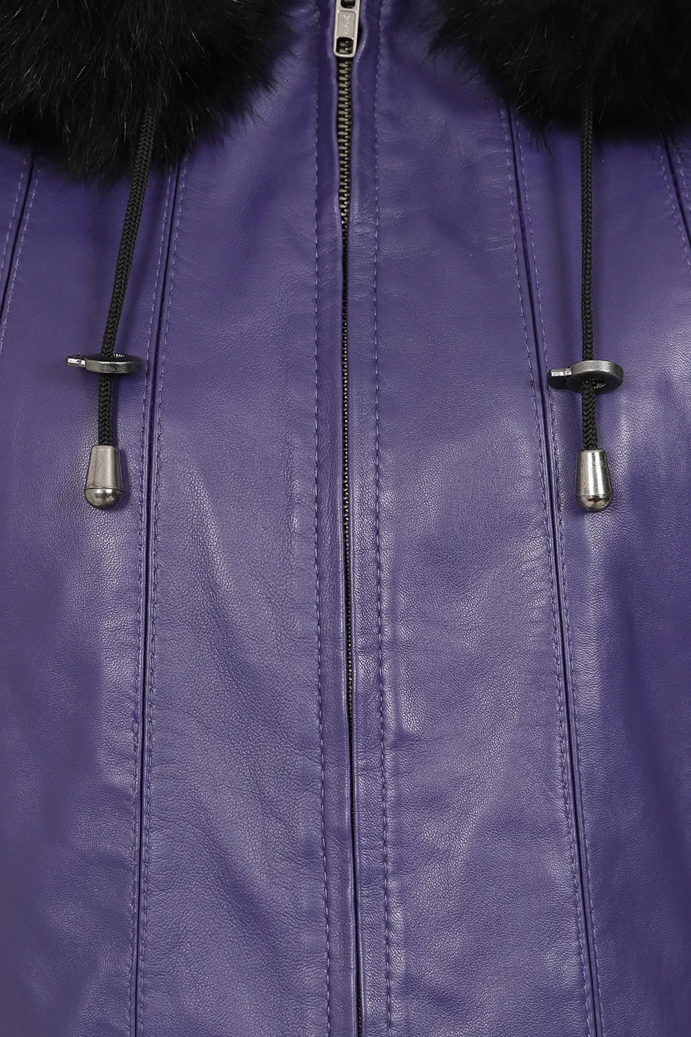 Women's Quality Purple Leather Hip Length Coat with Fur Trimmed Detachable Hood - 'CARLA'