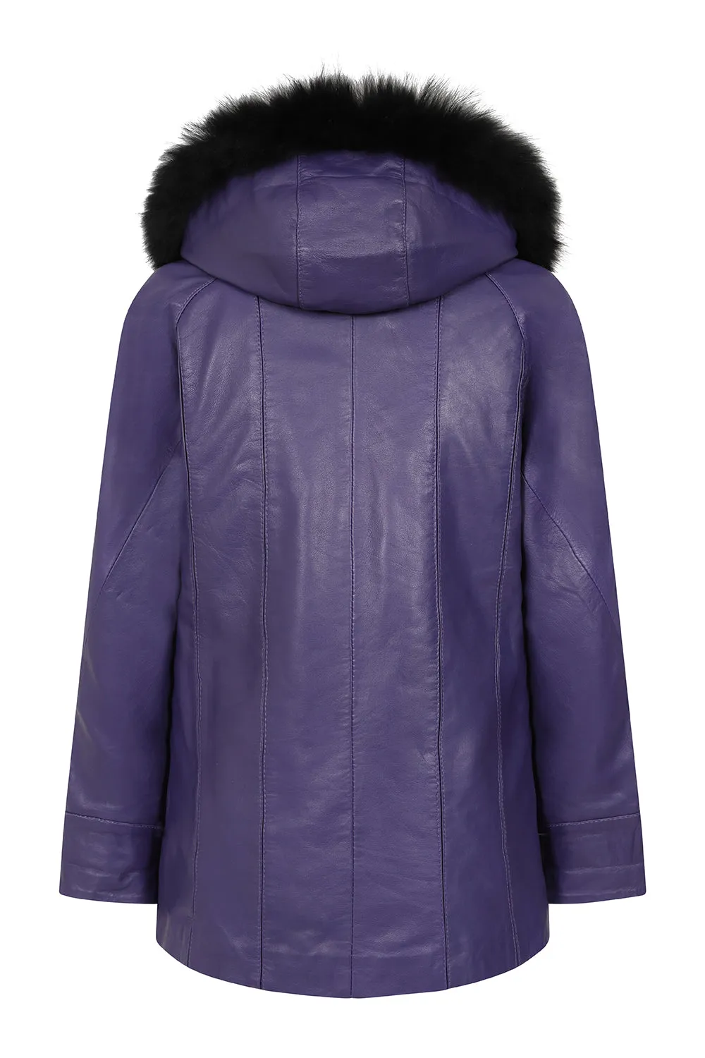 Women's Quality Purple Leather Hip Length Coat with Fur Trimmed Detachable Hood - 'CARLA'